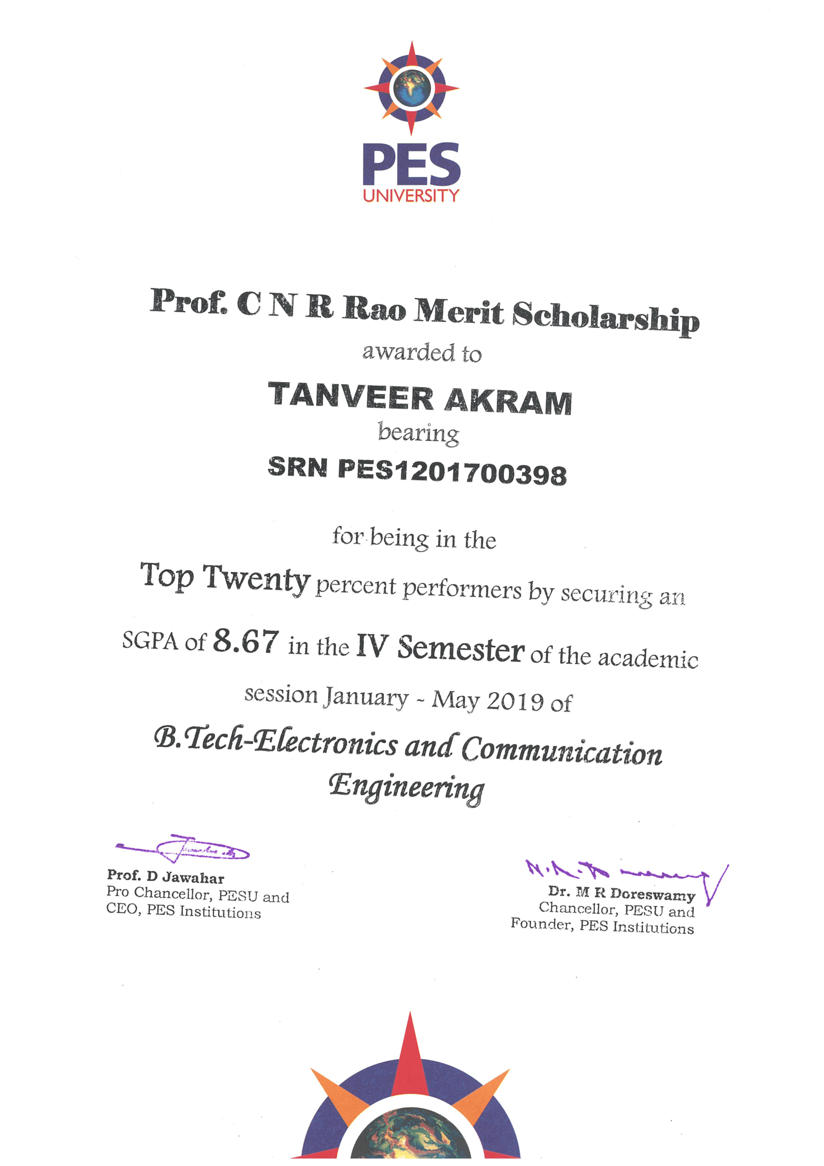 CNR Rao Merit Scholarship from PES University