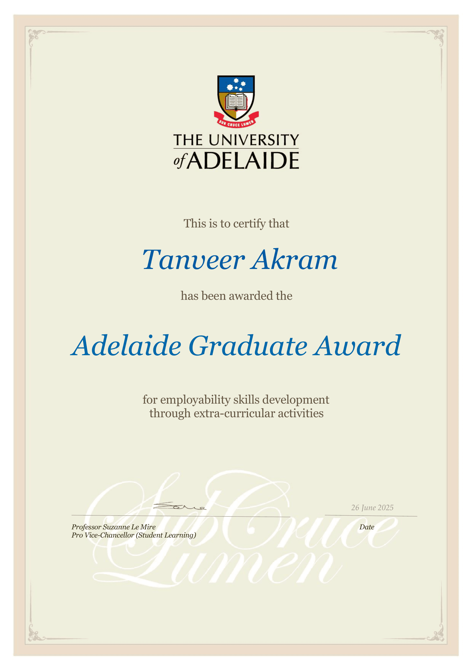 Adelaide Graduate Award from University of Adelaide
