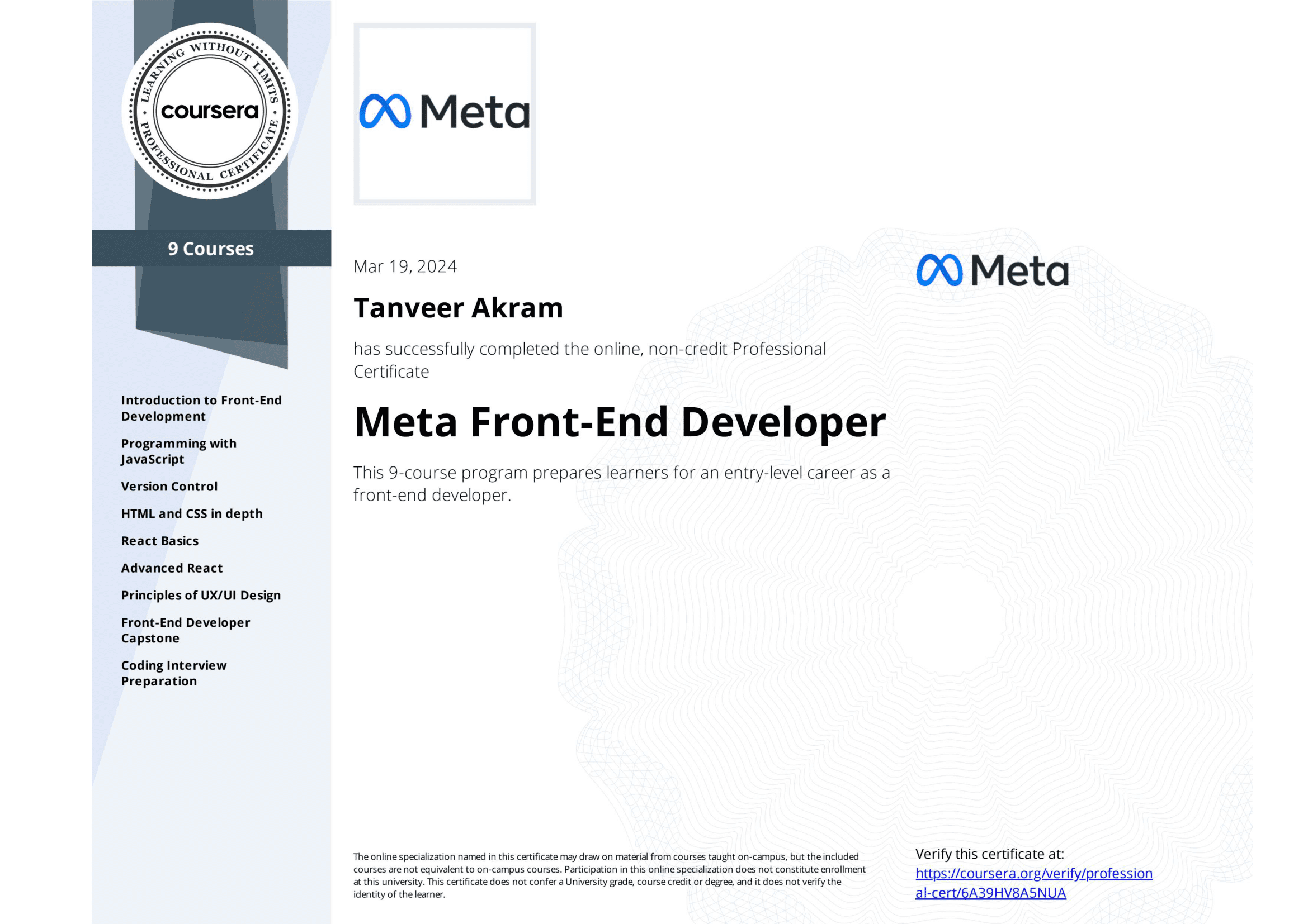 Meta Front-End Developer Certificate from Coursera
