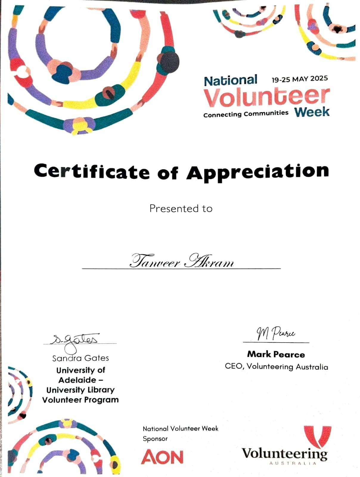 Volunteer Recognition Award from Adelaide University Library