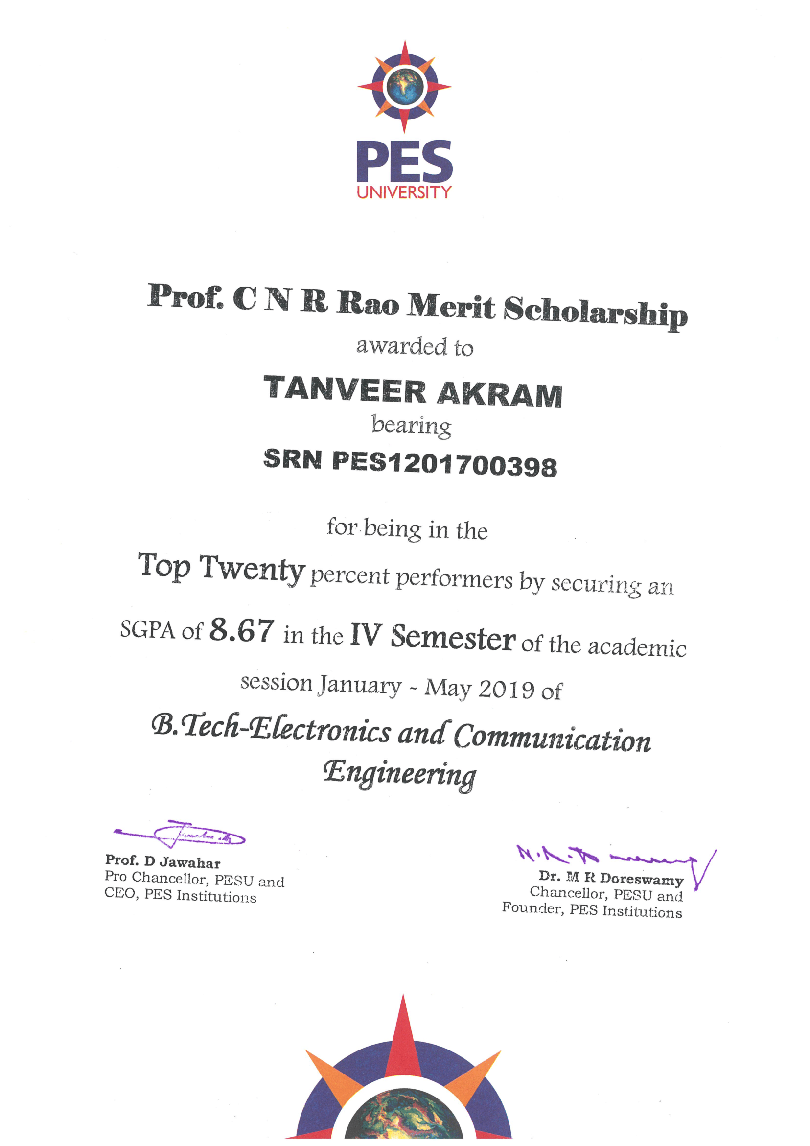 CNR Rao Merit Scholarship from PES University