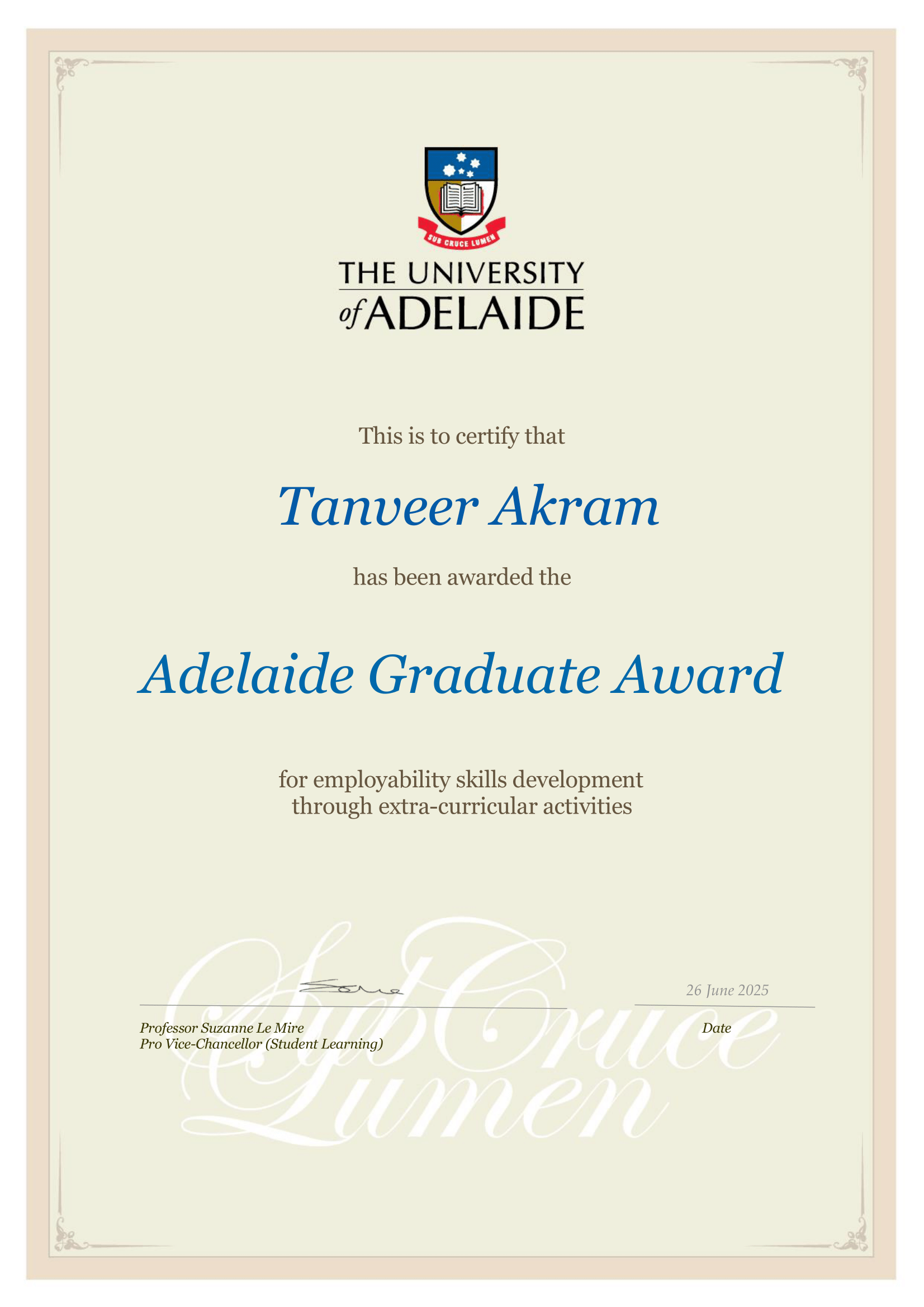 Adelaide Graduate Award from University of Adelaide