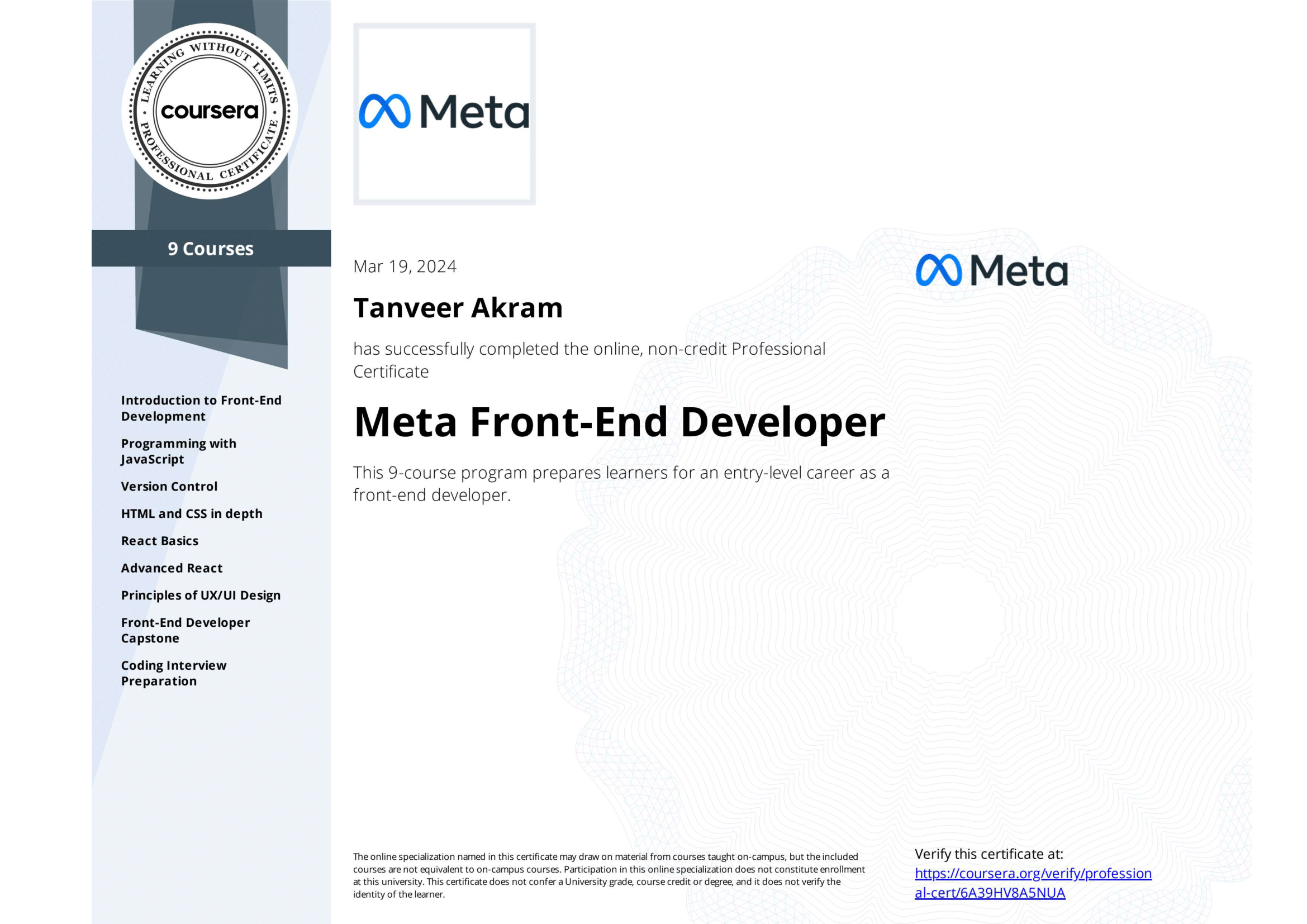 Meta Front-End Developer Certificate from Coursera
