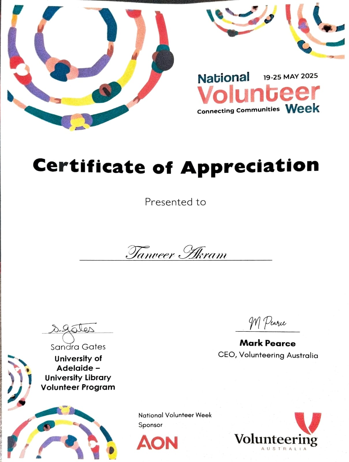 Volunteer Recognition Award from Adelaide University Library